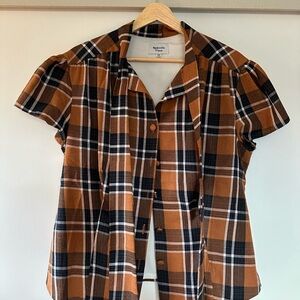 Brown and Black Plaid Short Sleeve Shirt